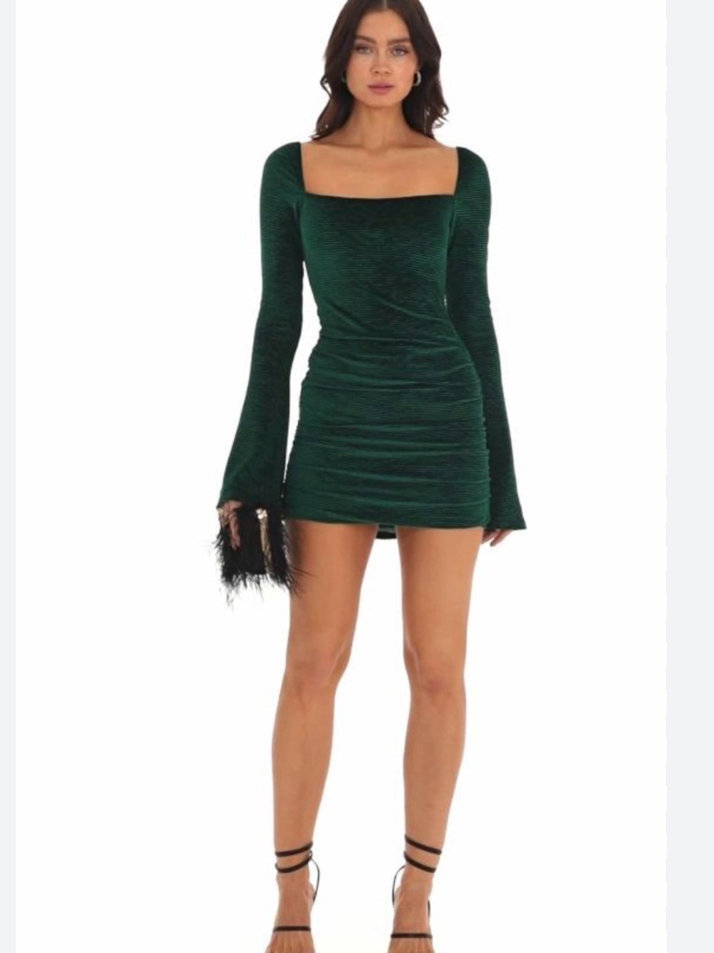 Lucy in the Sky Deep Emerald Velvet bell sleeve bodycon dress xxsmall